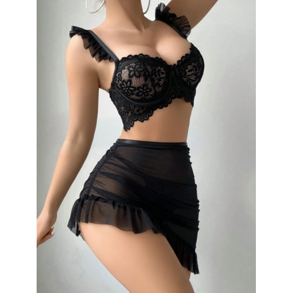 Blizard Kadın 3 Parça Siyah Dantel Detaylı Fırfırlı Gecelik Takımı Tanga Hediyeli