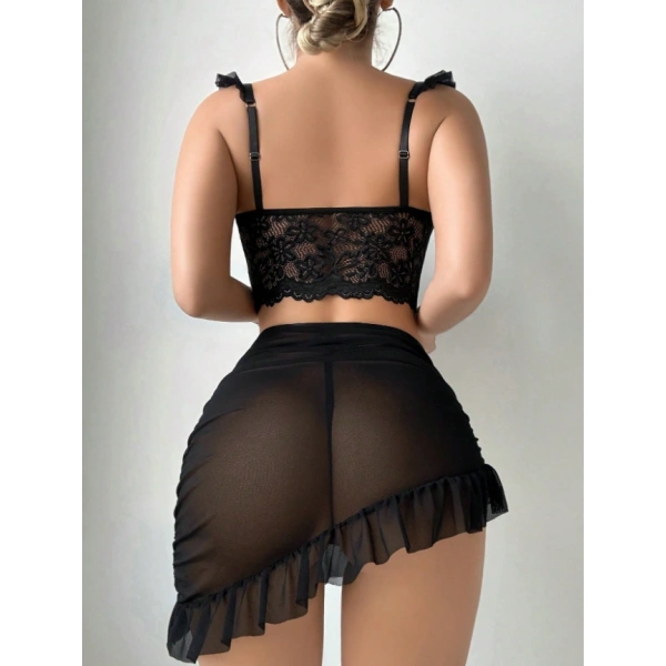 Blizard Kadın 3 Parça Siyah Dantel Detaylı Fırfırlı Gecelik Takımı Tanga Hediyeli