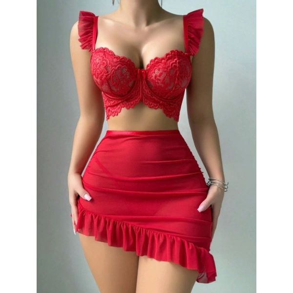 Kadın 3 Parça Kırmızı Dantel Detaylı Fırfırlı Gecelik Takımı Tanga Hediyeli