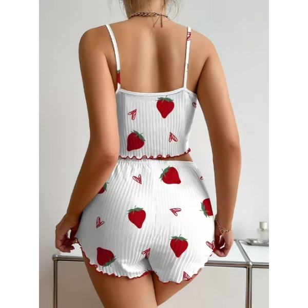 Kadın Ekru Pamuklu Çilek Desenli Şortlu Pijama Takımı