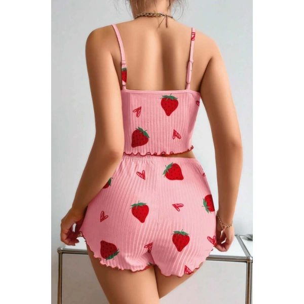 Kadın Pembe Pamuklu Çilek Desenli Şortlu Pijama Takımı