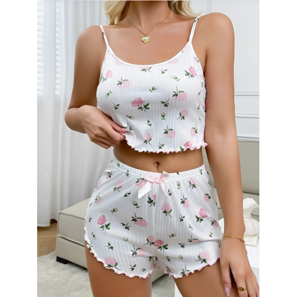 Kadın Süt Beyaz Gül Desenli Şortlu Pijama Takımı