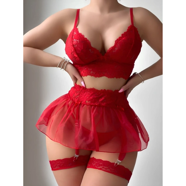 Kırmızı 5 Parça Şık Dantelli 2 Bandajlı Şık Jartiyer