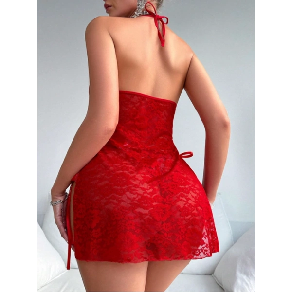 Kırmızı Yandan Bağlamalı Dantelli Kostüm Tanga Hediyeli