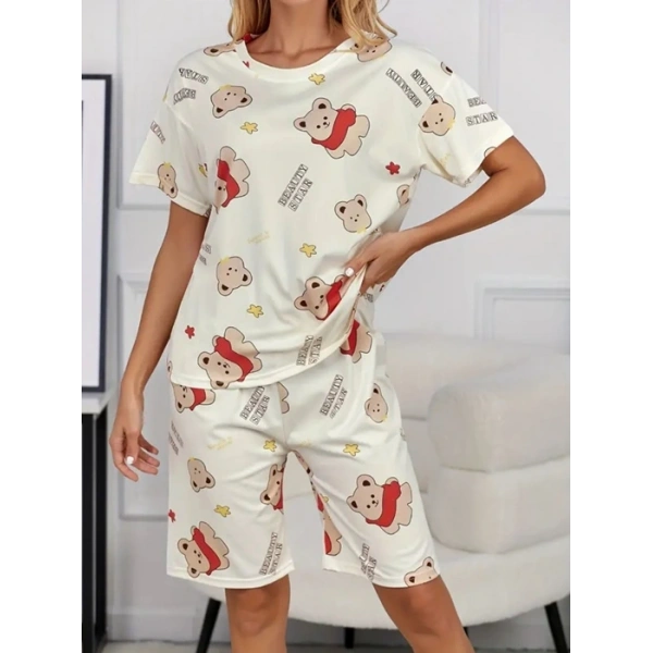 Krem Pamuklu Ayıcık Baskılı Şortlu Pijama Takımı