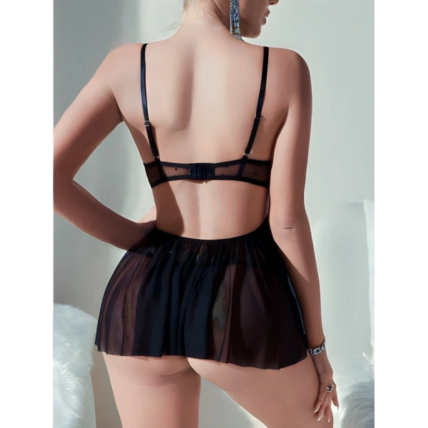 Siyah Puantiyeli Şık Gecelik Takımı Tanga Hediyeli