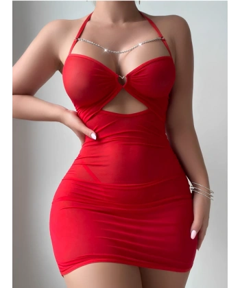 2 Parça Kırmızı Tüllü Transparan Şık Gecelik Tanga Hediyeli