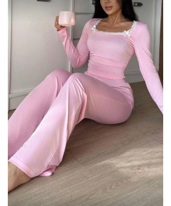 Pembe Dantelli Fiyonk Detaylı Uzun Pamuk Viskon Pijama Takımı