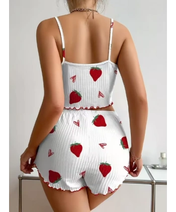 Kadın Ekru Pamuklu Çilek Desenli Şortlu Pijama Takımı