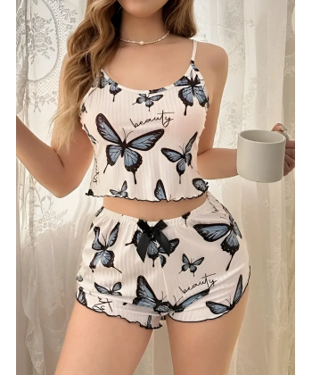 Kadın Kelebek Baskılı Fiyonk Detaylı Şortlu Pijama Takımı
