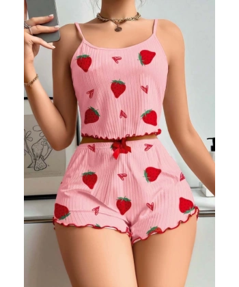 Kadın Pembe Pamuklu Çilek Desenli Şortlu Pijama Takımı