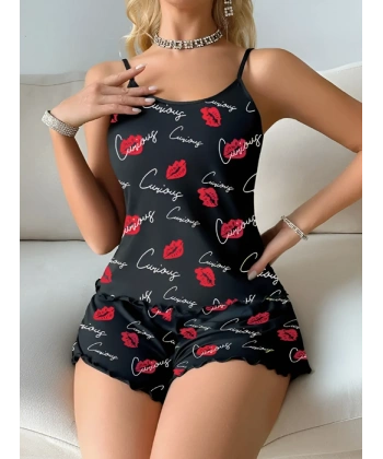 Kadın Siyah Öpücük Desenli Şortlu Pijama Takımı