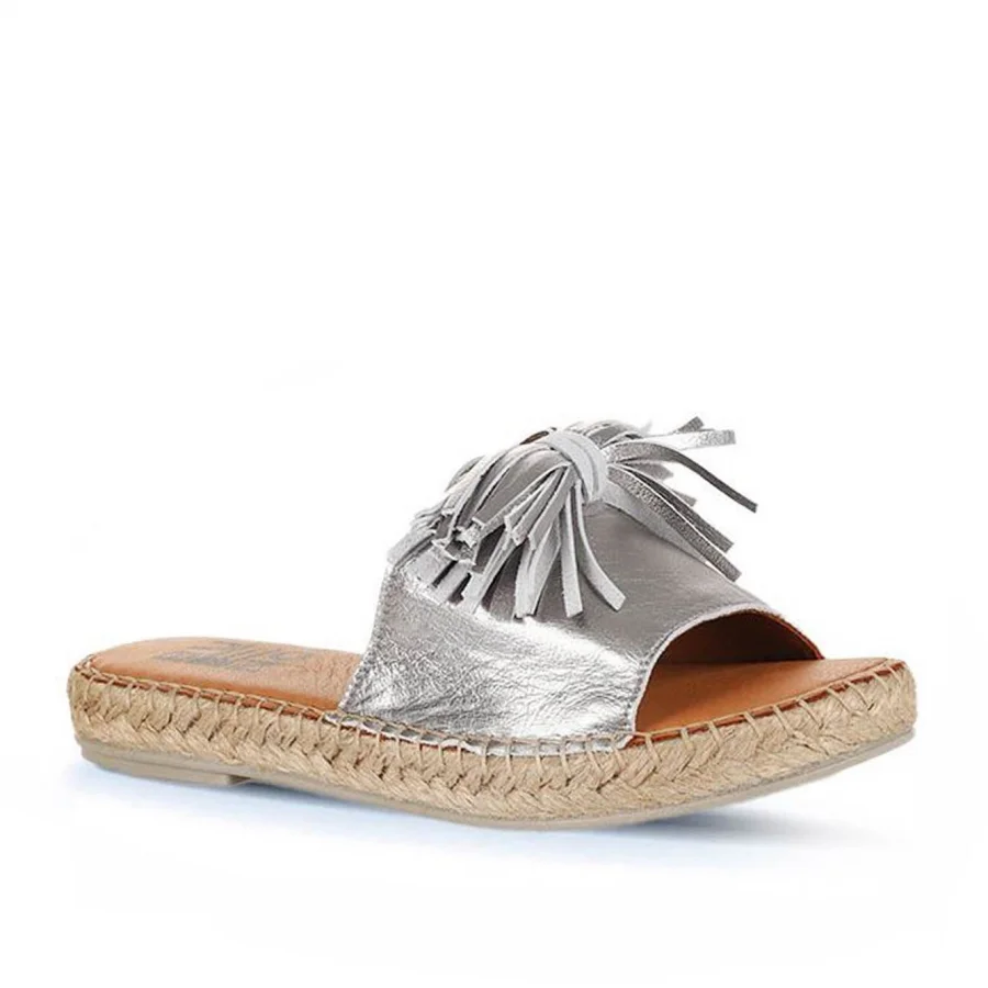 Gümüş Parlak Deri Kadın Espadril Terlik