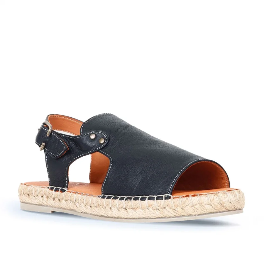 Siyah Deri Kadın Espadril Sandalet