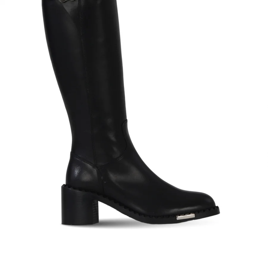 Siyah Deri Kadın Topuklu Çizme