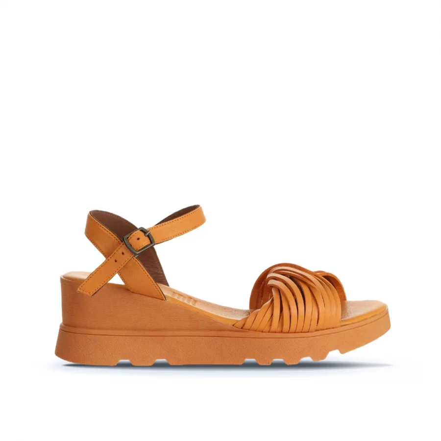 Turuncu Deri Kadın Dolgu Topuklu Sandalet