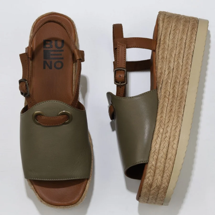 Yeşil Kahve Deri Kadın Dolgu Topuklu Espadril Sandalet