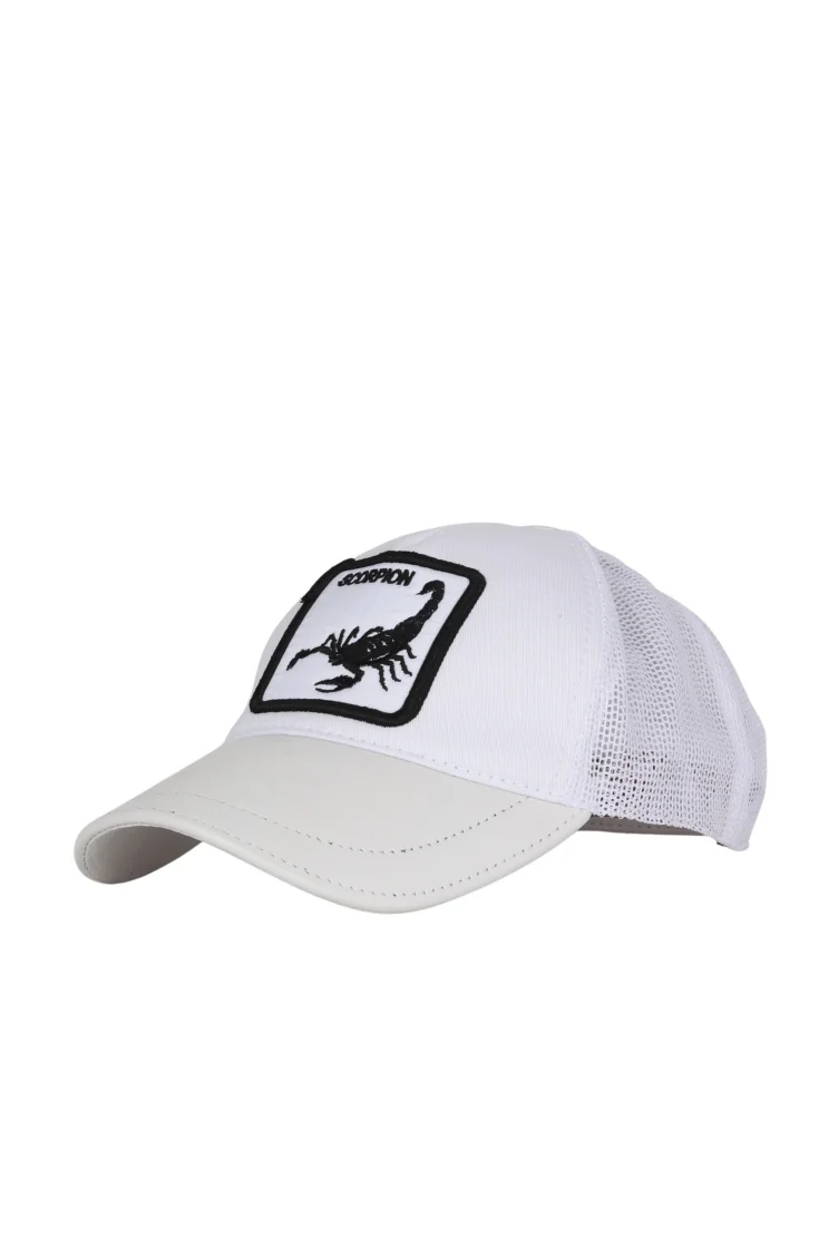Beyaz Deri-Kumaş-Scorpion Erkek Şapka