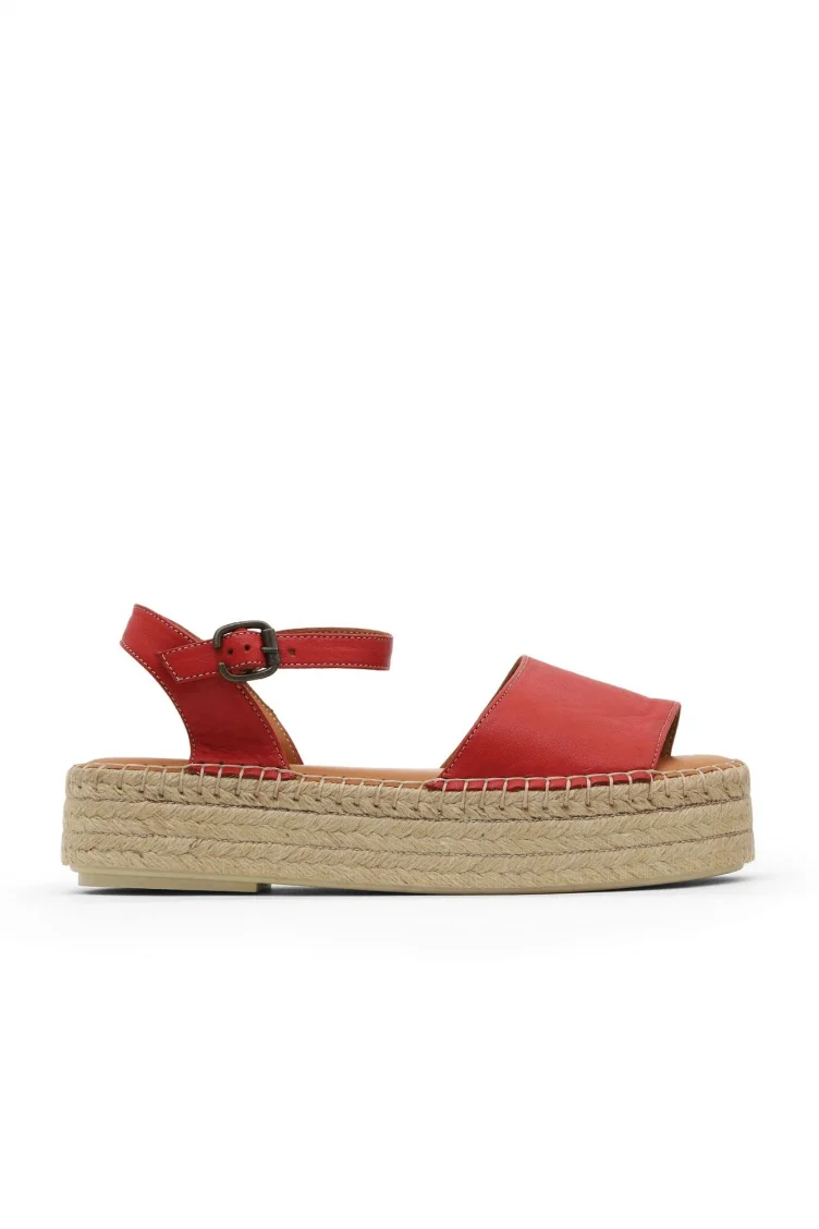 Kırmızı Deri Kadın Espadril Sandalet