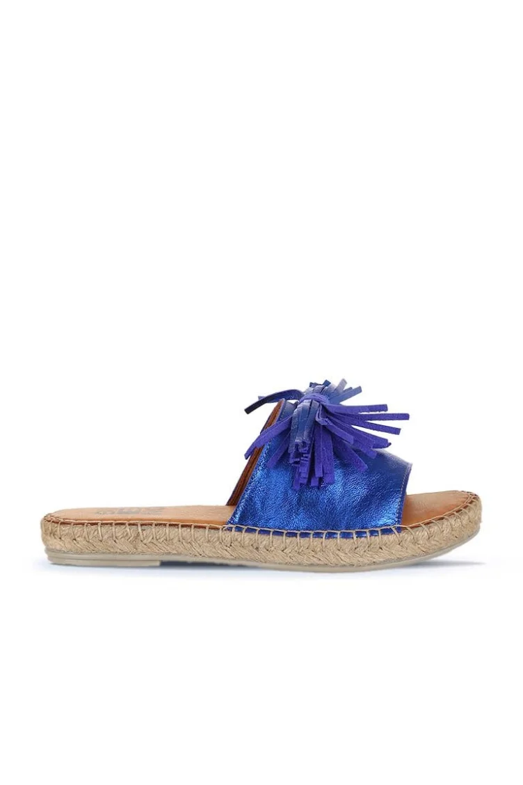 Mavi Parlak Deri Kadın Espadril Terlik