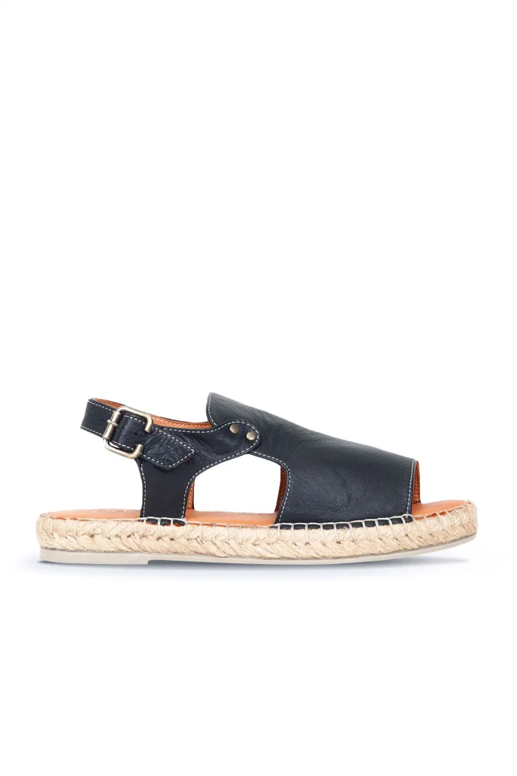 Siyah Deri Kadın Espadril Sandalet