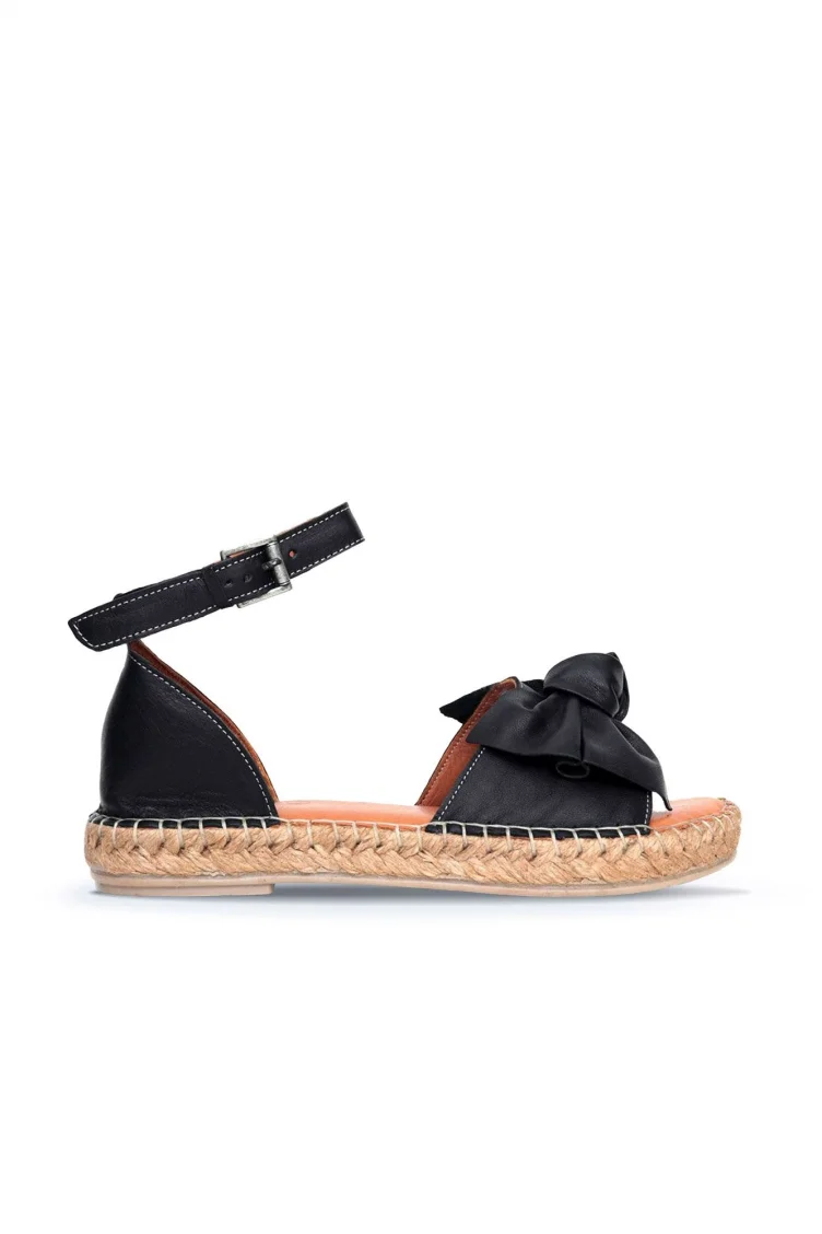 Siyah Deri Kadın Espadril Sandalet