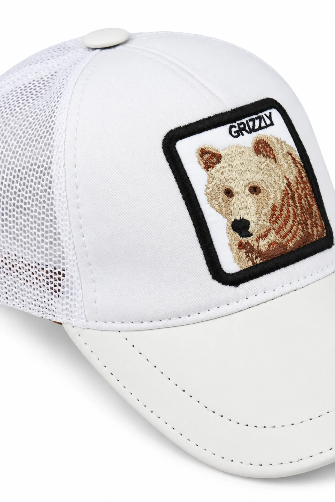 Beyaz Deri-Kumaş-Grizzly Erkek Şapka