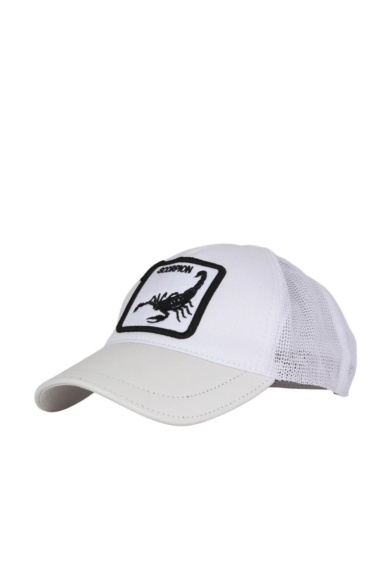 Beyaz Deri-Kumaş-Scorpion Erkek Şapka