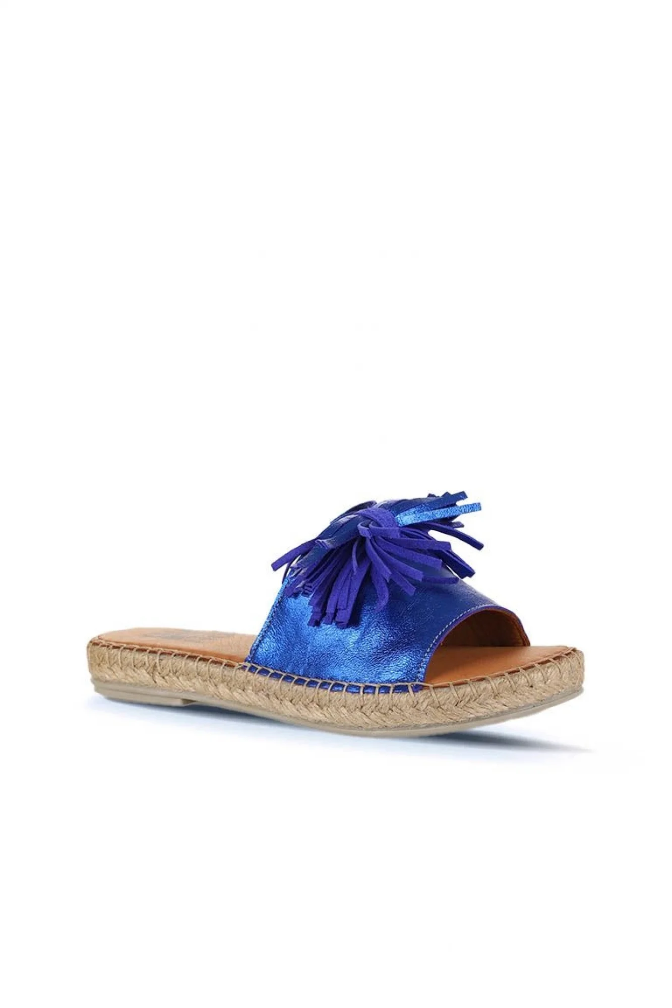Mavi Parlak Deri Kadın Espadril Terlik