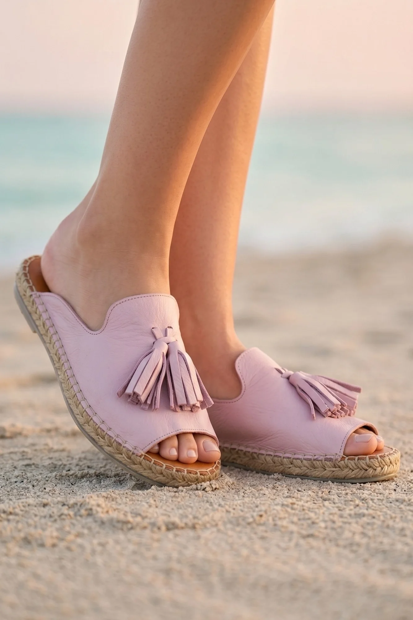 Pembe Deri Kadın Espadril Terlik