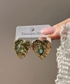 Yeşil Taşlı Kalp Vintage Küpe I Çelik