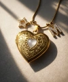 Beyaz Taş Detaylı ve Çift Fotoğraflı İşlemeli Kapaklı Kalp Kolye | (2,1 cm)