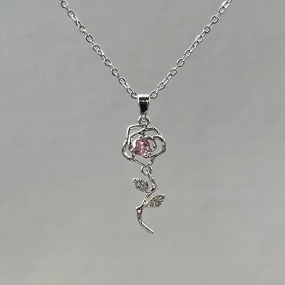 Pembe Taşlı Rose Kolye | Çelik