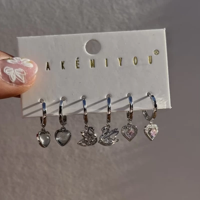 Kuğu ve Kalp 6LI Küpe Takımı