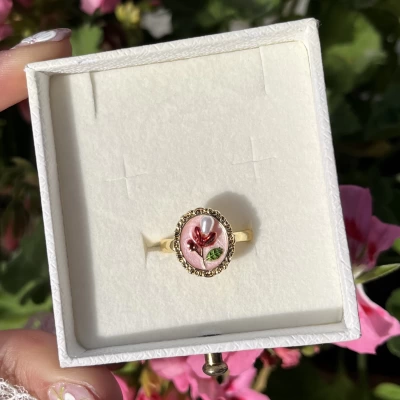 İncili Pembe Çiçek Sanat Yüzük