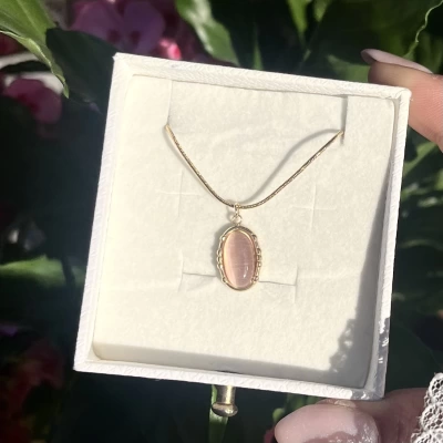 Pembe Taşlı Vintage Kolye I Çelik