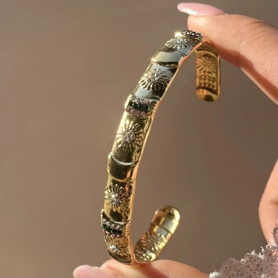 Renkli Taşlı Güneş Vintage Kelepçe Bileklik I Çelik
