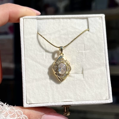 Taşlı Dörtgen Vintage Kolye I Çelik