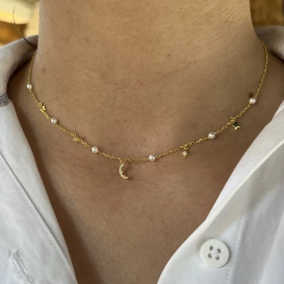 İnci ve Gökyüzü Motifli Choker Kolye I 925 Gümüş