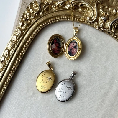 Kuzey Yıldızlı Oval Fotoğraflı Kolye  (1.6 cm )