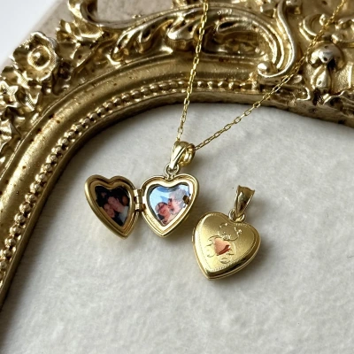 Kalp ve Ayıcık Desenli Fotoğraflı Kalp Kolye (0.9 cm )