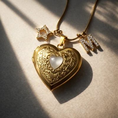 Beyaz Taş Detaylı ve Çift Fotoğraflı İşlemeli Kapaklı Kalp Kolye | (2,1 cm)