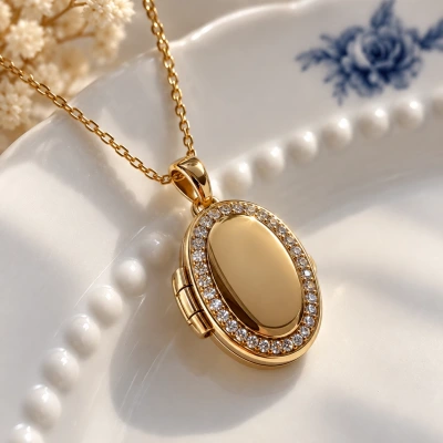Taş Desenli Kapak Oval Fotoğraflı Kolye (1,6 cm)