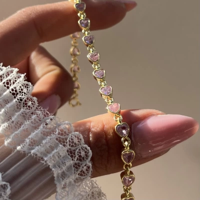 Pembe Kalpli Su Yolu Bileklik I 925 Gümüş