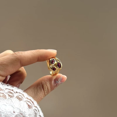 Bordo Taşlı Vintage Yüzük I 14 Altın Kaplama
