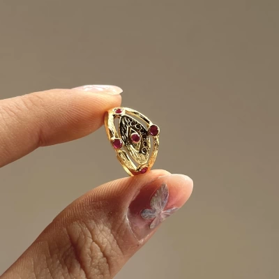 Bordo Taşlı Göz Vintage Yüzük I 14 Altın Kaplama