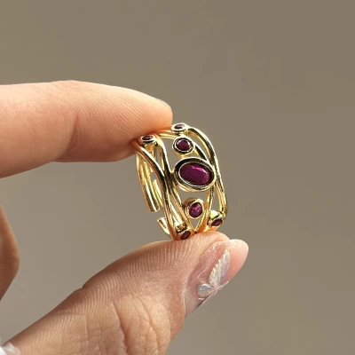 Bordo Taşlı Vintage Yüzük I 14 Altın Kaplama