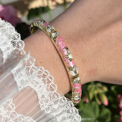 Pastel Pembe Çiçek Desenli Vintage Mineli Bileklik