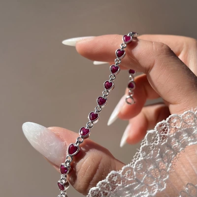 Fuşya Kalpli Su Yolu Bileklik I 925 Gümüş