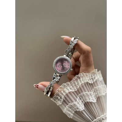 Pembe Gümüş Çiçekler Vintage Saat